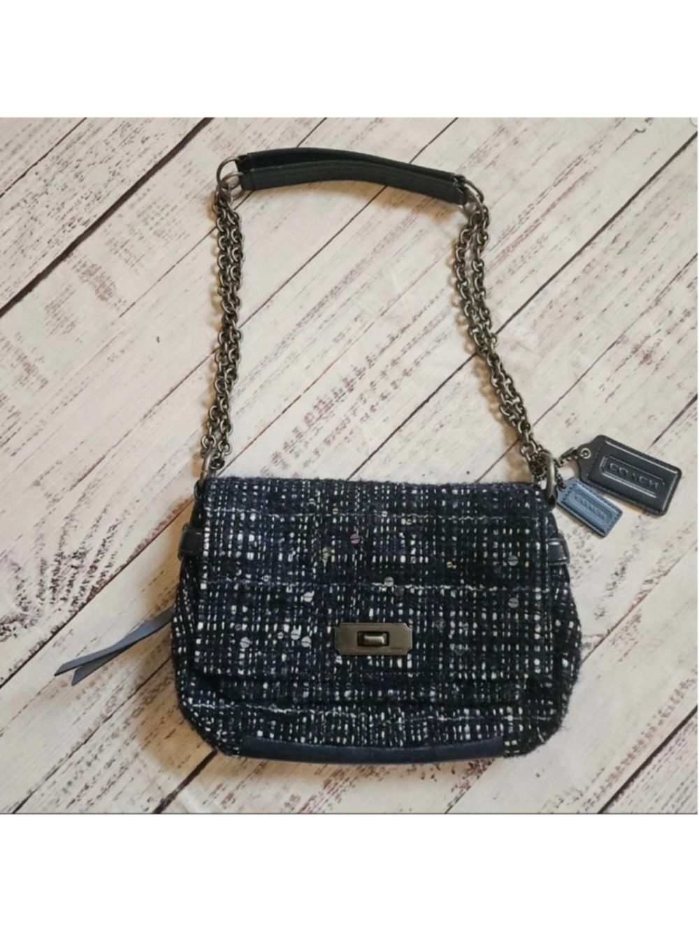 Coach Blue Tweed Chelsea Boucle Flap Shoulder Crossbody Bag Chain Sparkle